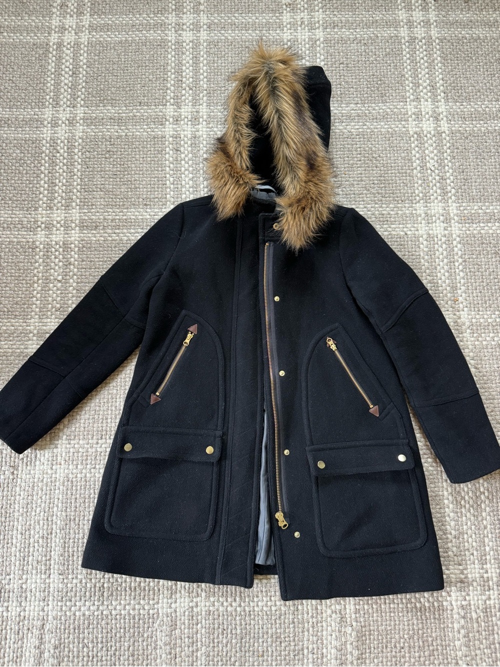 J. Crew chateau parka G9093 black fur trim Italian wool size 6